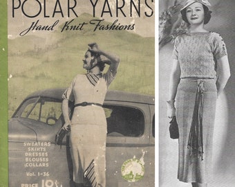 Vintage 1930s Knitting Pattern Booklet | 1936 Polar Yarns Hand Knit Fashions Vol. I-36 | 30s Art Deco summer dresses blouses suits | PDF