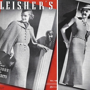 May include: A vintage magazine cover featuring two women wearing knitted dresses. The magazine is called "Fleisher's" and the text "New Fashions in Hand Knits" is visible. The magazine cover is red and white.