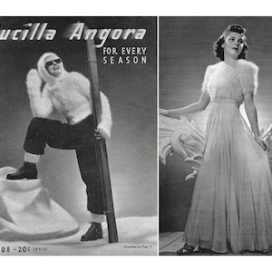 May include: A black and white image of two women modeling knitwear. The woman on the left is wearing a white angora ski sweater and black ski pants. She is holding a pair of skis. The woman on the right is wearing a white angora shawl over a white dress. The image is from a vintage Bucilla Angora knitting pattern book. The text on the cover reads "Bucilla Angora For Every Season" and "Vol. 308 - 20¢ (w.s.a.)".