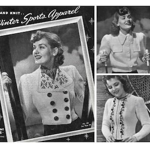 May include: Black and white vintage advertisement for "Winter Sports Apparel." The main image features a woman wearing a cream-colored, double-breasted jacket with a decorative collar. Additional images show other knitwear designs.