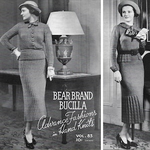May include: A black and white vintage advertisement for Bear Brand Bucilla Advance Fashions in Hand Knits, Volume 83, featuring a woman wearing a knitted dress and hat.