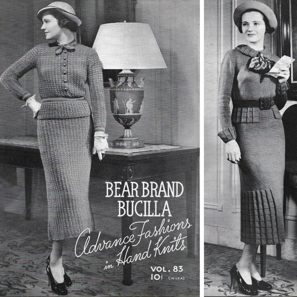 Vintage 1930s Knitting Pattern Booklet | 1935 Bear Brand Bucilla Advance Fashions in Hand Knits Vol. 83 | 30s Art Deco dresses suits | PDF