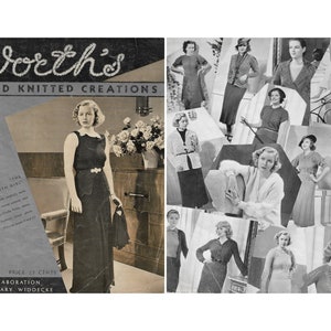 Puede incluir: Una portada de revista vintage con una mujer con un vestido negro y el texto "Worth's Hand Knitted Creations" y "The Worth Girl". La portada también presenta un collage de mujeres con diferentes prendas de punto.