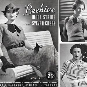 Vintage 1930s Knitting Pattern Booklet | Beehive No. 12 | Mid 30s knit dresses suits sets sweaters pullovers blouses jackets childrens | PDF