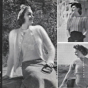 May include: Three women modeling different knitted sweaters. The first woman is wearing a white fuzzy cardigan, the second woman is wearing a striped black and white sweater, and the third woman is wearing a brown sweater. The magazine cover reads "Bernat's Handicrafter Knitting for the Family - Vol. IX No. 4 Price 15c"