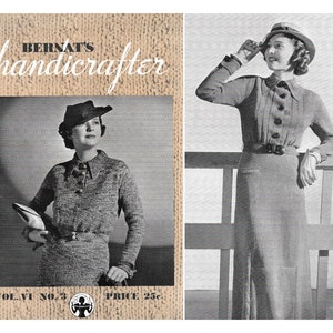 Op de afbeelding: Een vintage tijdschriftcover met een vrouw die een gebreide jurk en hoed draagt. Het tijdschrift heet "Bernat's handcrafter" en het nummer is Vol. VI No. 3. De prijs is 25 cent.