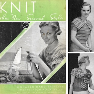 May include: A vintage knitting pattern booklet with a green and white cover. The cover features the text "KNIT these New Seasonal Styles" and a price of 25 pence. The booklet includes instructions for knitting three different styles of sweaters.
