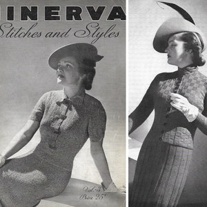 Peut inclure: Une couverture de magazine vintage en noir et blanc pour Minerva Stitches and Styles, Vol. 3, Prix 25c. La couverture présente deux femmes portant des robes et des pulls tricotés.