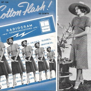 Könnte beinhalten: Ein Vintage-Magazincover mit einer Frau in einem gestreiften Kleid und einem breitkrempigen Hut. Das Magazin trägt den Titel "Cotton Flash!" und ist eine Publikation von Radiogram Communications. Das Cover zeigt auch eine Reihe von Frauen in ähnlichen Kleidern.