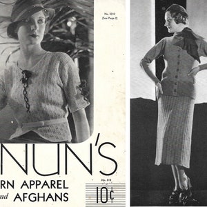 May include: A vintage knitting pattern for a sweater and skirt set. The pattern is from Nun's Yarn Apparel and Afghans and costs 10 cents. The pattern shows a woman wearing the sweater and skirt set.