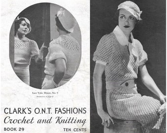 Vintage 1930s Pattern Booklet | 1933 Clark's O.N.T. Crochet and Knitting Book 29 | Art deco dresses blouses hats scarves gloves | PDF