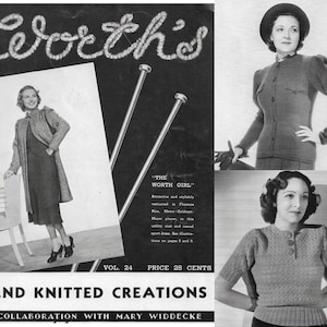 May include: A vintage knitting pattern magazine cover featuring a black and white photo of a woman wearing a knitted coat and dress. The magazine is titled "Worth's" and the text "Hand Knitted Creations" is printed below the image. The magazine is from Volume 24 and costs 25 cents.