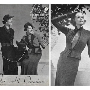 May include: Two women wearing knit jackets. The woman on the left is wearing a black jacket with a belt and holding a dog leash. The woman on the right is wearing a gray jacket with a white collar and is standing with her arm raised. The text "Lily Hand Knit Fashion" is visible in the top left corner of the image. The text "For All Occasions" is visible in the bottom left corner of the image.