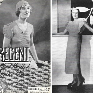 May include: A vintage knitting pattern booklet for a knitted dress and sweater. The cover features a black and white photo of a woman wearing a knitted dress and a woman wearing a knitted sweater. The text on the cover reads "Regent Hand Knitted Sport Wear Book No. 3 Price 10".