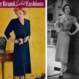 Könnte beinhalten: Ein Vintage-Magazincover mit dem Text "Bear Brand hand knit Fashions" und einem Model, das ein blaues Strickkleid trägt. Das Magazin ist Vol. 337.