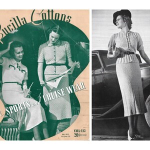Könnte beinhalten: Ein Vintage-Magazincover mit zwei Frauen in Strickkleidern. Das Magazin trägt den Titel "Bucilla Cottons for Sports and Cruise Wear" und das Cover ist in Grün- und Weißtönen gehalten. Der Text "Vol-112 20¢ (incl.)" ist in der rechten unteren Ecke gedruckt.