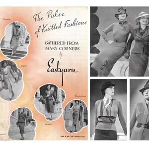 May include: A magazine cover featuring the title "The Pulse of Knitted Fashions" with the text "Gathered from many corners by Eastyarn" and a collection of black and white photographs of women wearing knitted clothing.