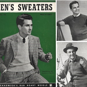 Puede incluir: Una portada de revista vintage con suéteres para hombres. La portada presenta a un hombre con un suéter y una chaqueta, y el texto "MEN'S SWEATERS" está impreso en letras grandes. La revista se titula "Chadwick's Red Heart Wools" y el precio es de 10 centavos.