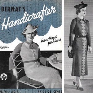 May include: A vintage knitting pattern booklet featuring a woman wearing a knitted dress with a geometric design. The cover of the booklet is blue with white text that reads "Bernat's Handicrafter" and "handknit fashions". The text "Style No. 973" and "Knitting Directions on Page 15" is also visible on the cover. The booklet is titled "Vol. VII. No. 1." and "Price 25 Cents".