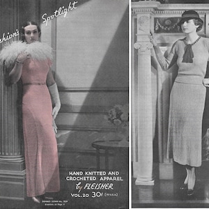 May include: A vintage fashion advertisement featuring two women in elegant knitted and crocheted apparel. The left image shows a woman in a pink dress with a feathered collar. The right image shows a woman in a matching sweater and skirt. Text reads "In Fashion's Spotlight" and "Hand Knitted and Crocheted Apparel by Fleisher".