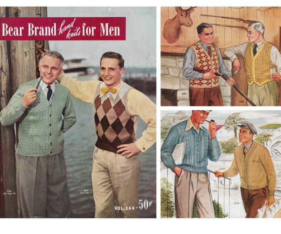 Vintage 1950s Mens Knitting Pattern Booklet 1952 Bear Brand - Etsy