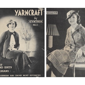 May include: A vintage knitting pattern booklet titled "Yarncraft by Cynthia No. 3" featuring two women wearing knitted garments. The booklet cover features a woman wearing a black cardigan and skirt, while the inside page shows a woman wearing a plaid coat.