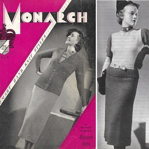 Puede incluir: Una portada de revista vintage con una mujer que lleva un suéter y una falda tejidos. La revista se llama "Monarch" y presenta el texto "Smart Hand-Knit Styles".