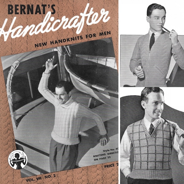 Vintage 1930s Men's Knitting Pattern Booklet | Bernat's Handicrafter Vol. 7 No. 2 | 30s sweaters cardigans vests socks pullovers | PDF