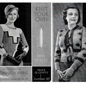 Vintage 1930s Knitting Pattern Booklet | Monarch Hand Knit Styles No. 27 | Early 30s art deco sweaters dresses suits blouses children | PDF