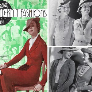 Può includere: Un libretto vintage Corticelli Hand-Knit Fashions, numero KP14, al prezzo di 35 centesimi. La copertina mostra una persona con un completo e un cappello rossi, su uno sfondo verde con un collage di vari capi in maglia, cappelli e maglioni.
