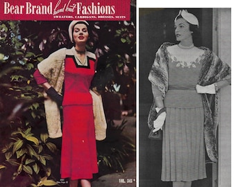 livret de modèles de tricot vintage des années 1950 | 1952 Bear Brands Handknit Fashions Vol 345 | début des années 50 pulls cardigans chemisiers robes costumes PDF