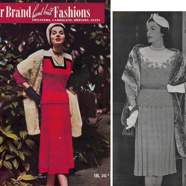 livret de modèles de tricot vintage des années 1950 | 1952 Bear Brands Handknit Fashions Vol 345 | début des années 50 pulls cardigans chemisiers robes costumes PDF