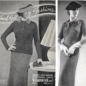 Mönsterhäfte med stickning och virkmönster från 1930-talet | W.T. Grant Hand Knit Fashions No. 1 | Art Deco-klänning, kostym, blus, kappa, överkast från 30-talet | PDF
