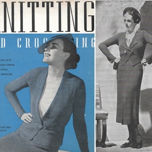 May include: A vintage knitting magazine cover featuring a woman wearing a blue knitted suit with a matching hat. The magazine title is "Knitting and Crocheting" and lists "Streamline Suit, Shirtmaker Dress, Sport Gloves, 15 Other Designs".