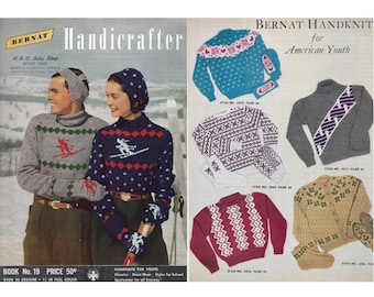Peut inclure: Un livre de modèles de tricot vintage présentant une variété de pulls tricotés à la main pour enfants. La couverture montre un couple portant des pulls colorés avec des motifs hivernaux. Le livre est intitulé "Bernat Handicrafter" et "Bernat Handknit for American Youth".