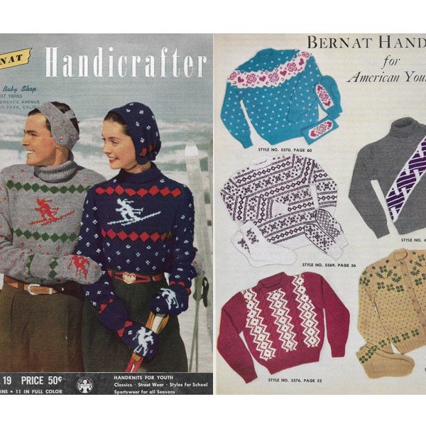 Vintage 1940er Jahre Strickmuster-Heftchen | 1949 Bernat Handwerker-Buch 19 | Ski Pullover Fair Isle Pullover | Über 50 Designs als PDF