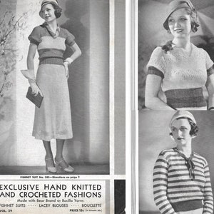May include: A vintage magazine page featuring three women wearing crocheted garments. The page includes the text "Exclusive Hand Knitted and Crocheted Fashions" and "Made with Bear Brand or Bucilla Yarns".