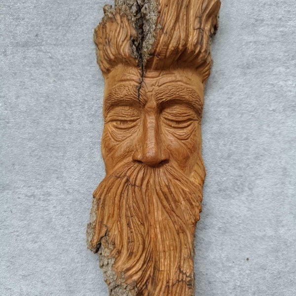 Large Wood Spirit Face Carving Sculpture, Cottonwood Bark, Home Decor Handmade WoodCarving, Wall Hanging Original Art, Wooden Forest Man