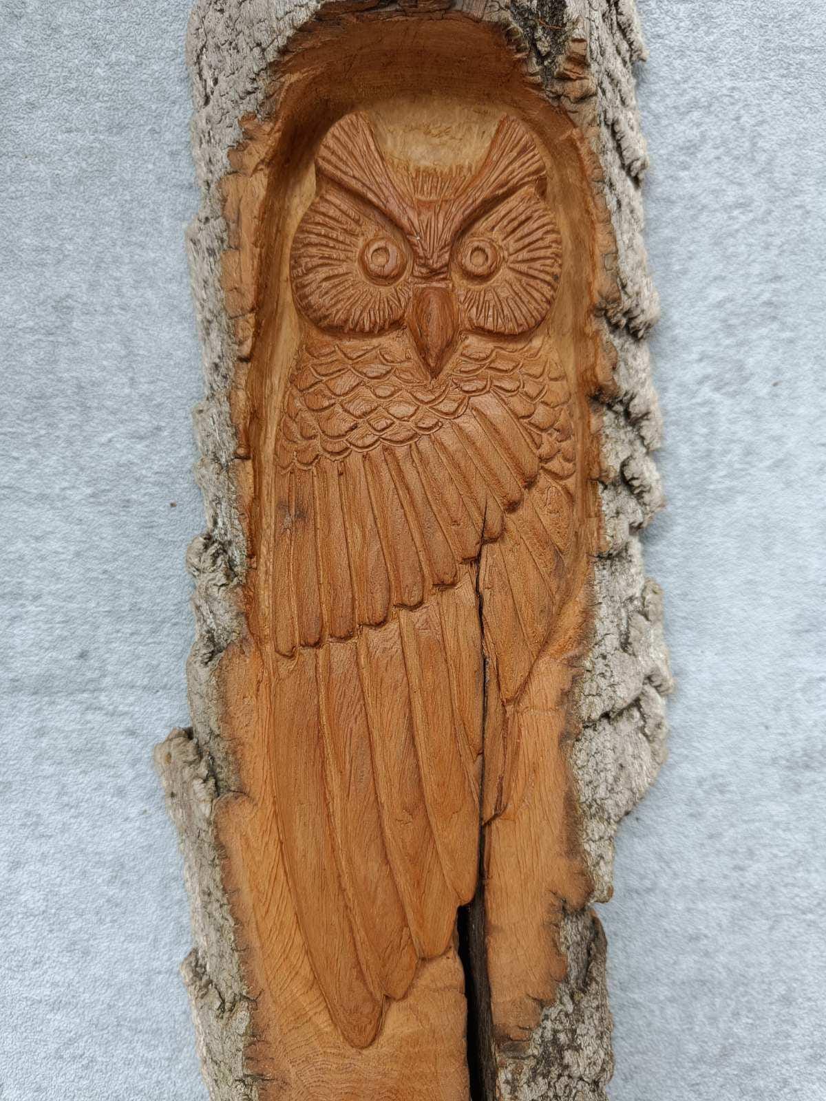 Owl in a Hollow, Carving Sculpture Cottonwood Bark, Rustic Home Decor Handmade WoodCarving by Artist