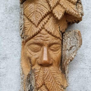 Wooden Forest Man with Owl, Wood Spirit Face Carving Sculpture, Rustic Home Decor Handmade WoodCarving, Wall Hanging Original Art, Greenman
