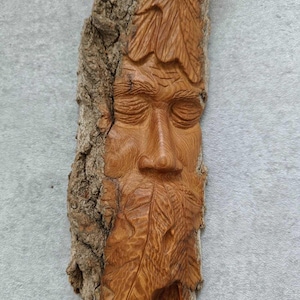 Greenman, Wooden Forest Man, Wood Spirit Face Carving Sculpture, Rustic Home Decor Handmade WoodCarving, Wall Hanging Original Art, Greenman