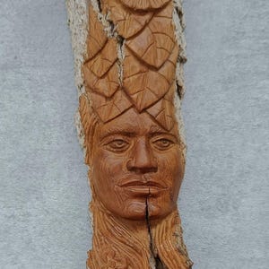 Wooden Forest Woman with flowers, Wood Spirit Face Carving Sculpture, Rustic Home Decor Handmade WoodCarving, Wall Hanging Original Art