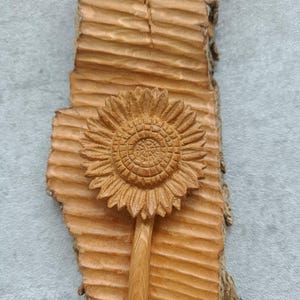 Wooden Sunflower, Carving Sculpture, Rustic Home Decor Handmade WoodCarving by Artist, Wall Hanging Original Art, Wood Flowers