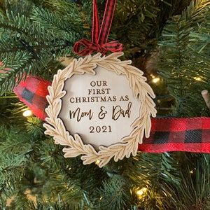 Custom Engraved First Christmas as Mom and Dad Ornament