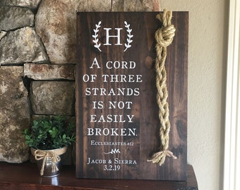 A Cord Of Three Strands Wedding Sign, Ceremony Sign, A Cord of 3 Strands, Ecclesiastes 4:9-12, Wedding Gift, (Kona Color Shown)