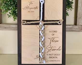 ENGRAVED, A Cord of Three Strands is Not Easily Broken Unity Ceremony Sign, Personalized Couple Gift, Anniversary Gift, (Kona Color Shown)