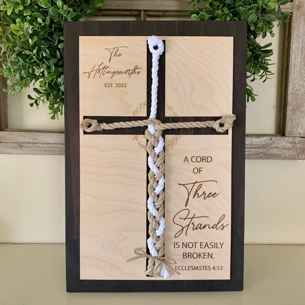 ENGRAVED, A Cord of Three Strands is Not Easily Broken Unity Ceremony Sign, Personalized Couple Gift, Anniversary Gift, (Kona Color Shown)