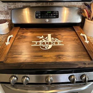 Ornate White Handles, Natural Gas Stove Top Cover, Electric Stove Top Cover, Personalized Stove Cover, Family Name Monogram, Custom Stove