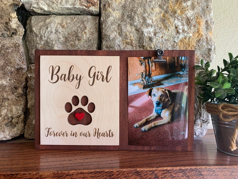 May include: Wooden photo frame with a paw print and a red heart, the text "Baby Girl Forever in our Hearts" is engraved on the frame. A photo of a brown dog is in the frame.