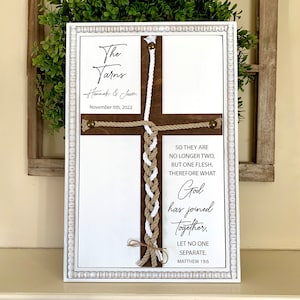 Matthew 19:6 What God has joined together let no one separate, unity ceremony, braided cord cross sign, natural & white cords.